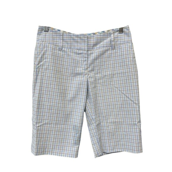 Adidas Bermuda Shorts Size 2 Flat Front Plaid Blue White Golf Sporty Athleisure - Picture 1 of 6
